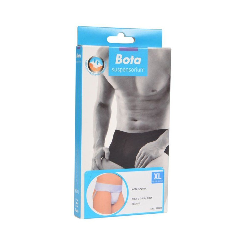 Verpakking Bota Draagband Sporta Extra Large. Grijze bandage, maat XL. Illustratie van een man.