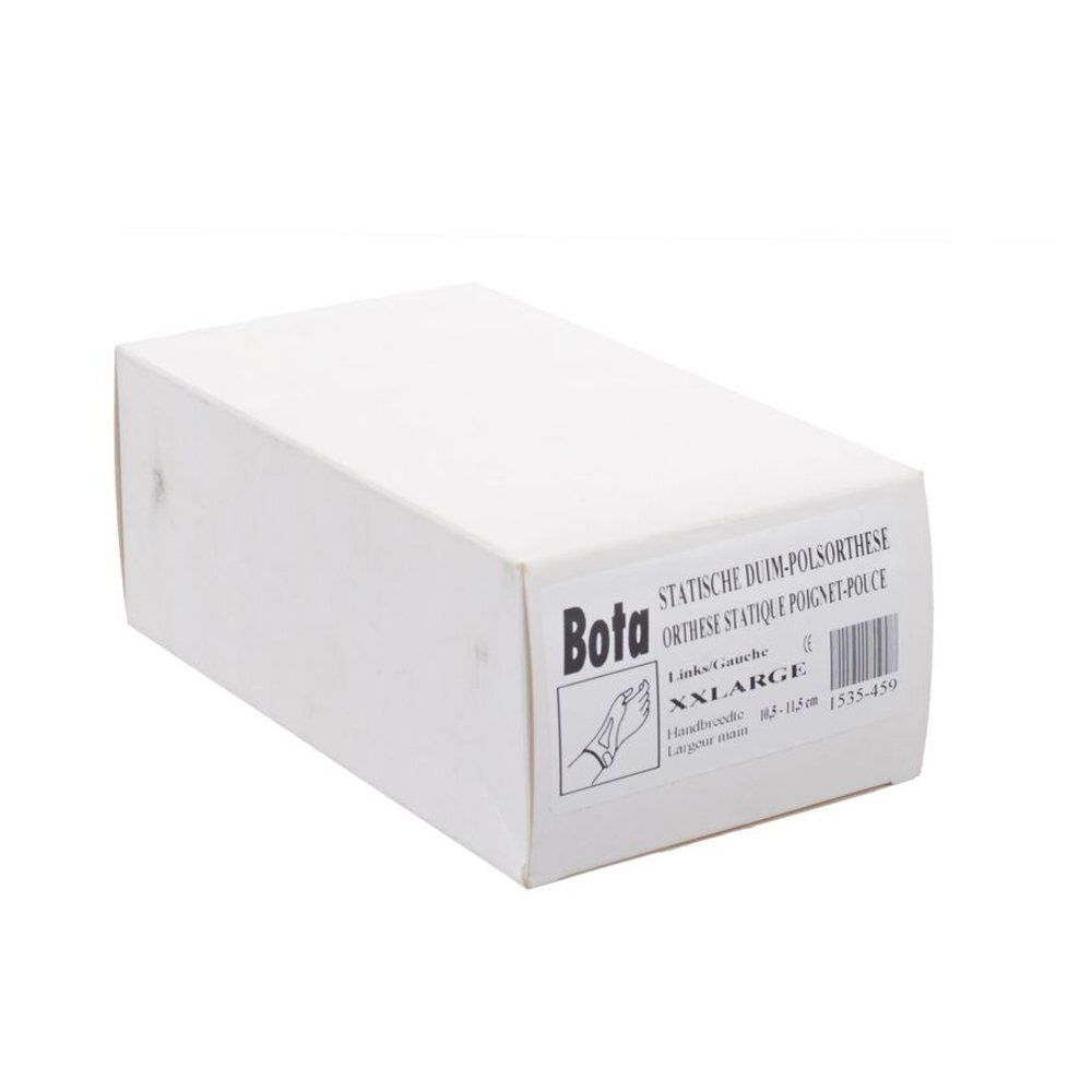 Beige duimorthese, gedragen op de linkerduim. Met klittenbandsluiting en uitsparing.