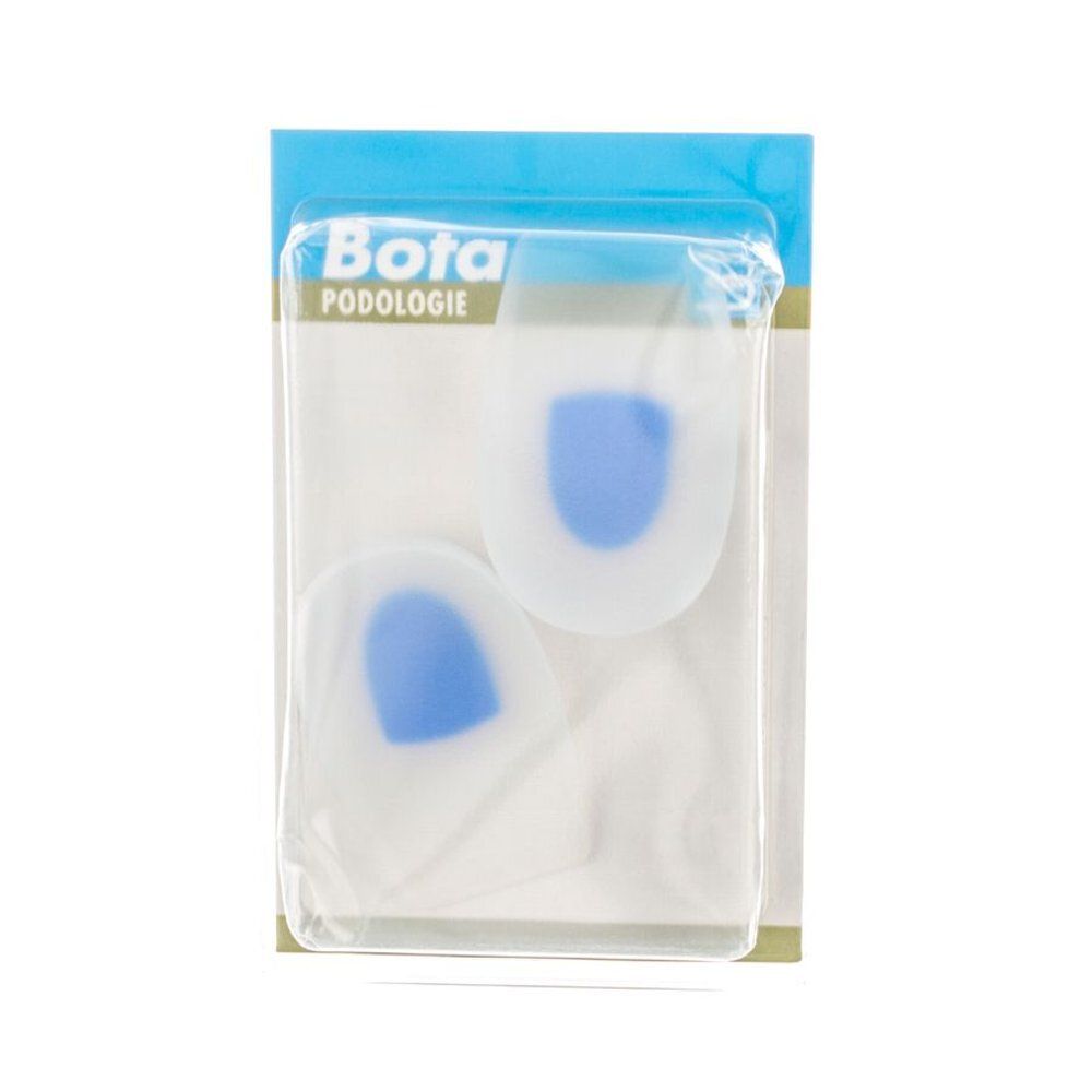 Verpakking met twee witte hielkussens met blauwe accenten. Op de verpakking staat "Bota podologie".