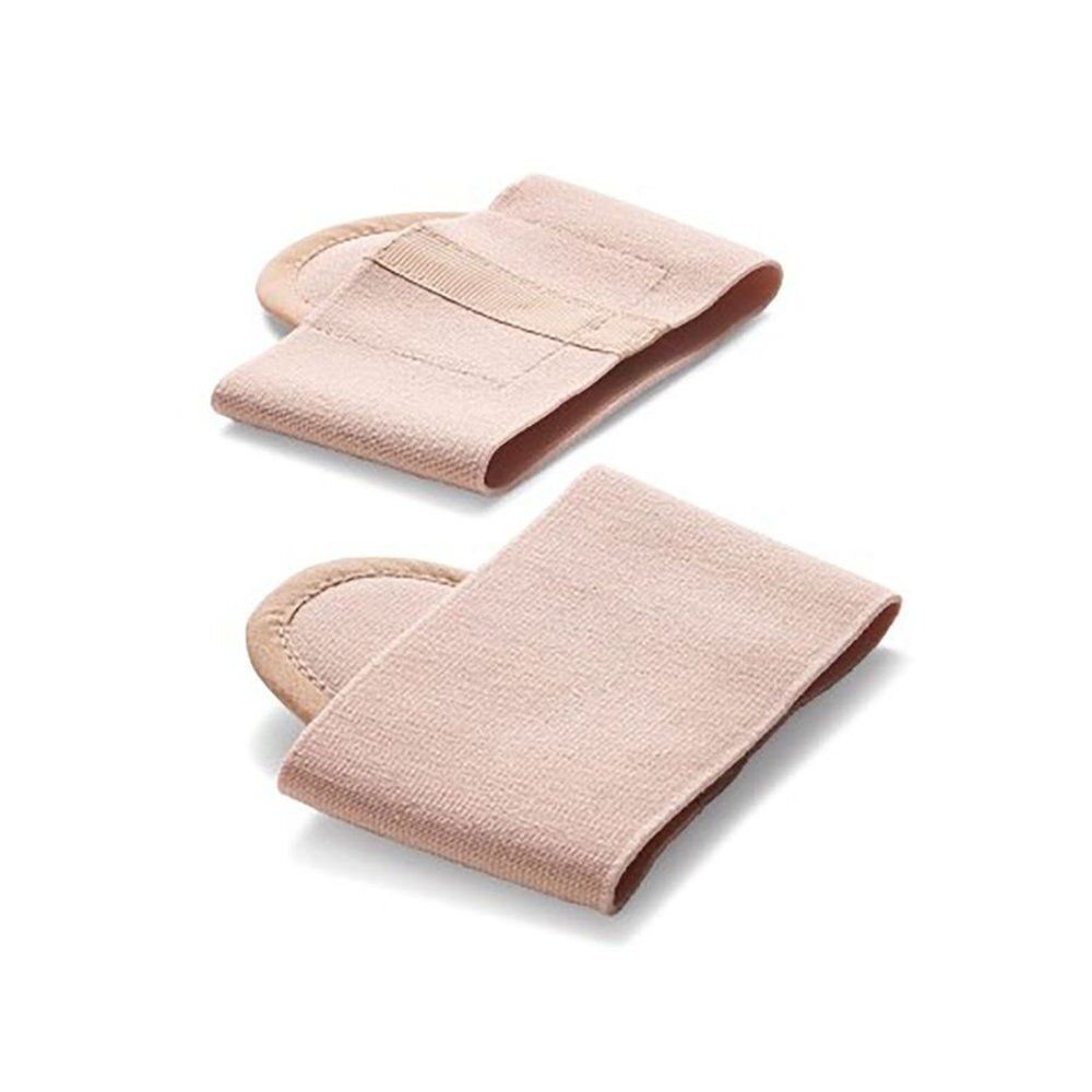 Twee beige metatarsale kussens M3. Textielmateriaal, cirkelvormig en rechthoekig. Op witte achtergrond.