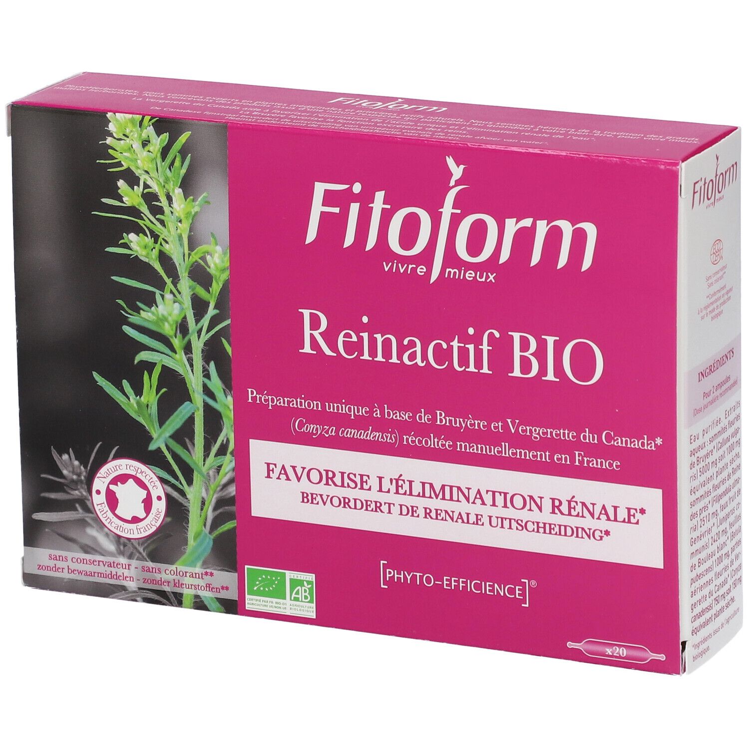 Boîte Fitoform Reinactif BIO. Emballage rose et blanc avec nom et logo du produit. Contient 20 ampoules. Avec label bio.