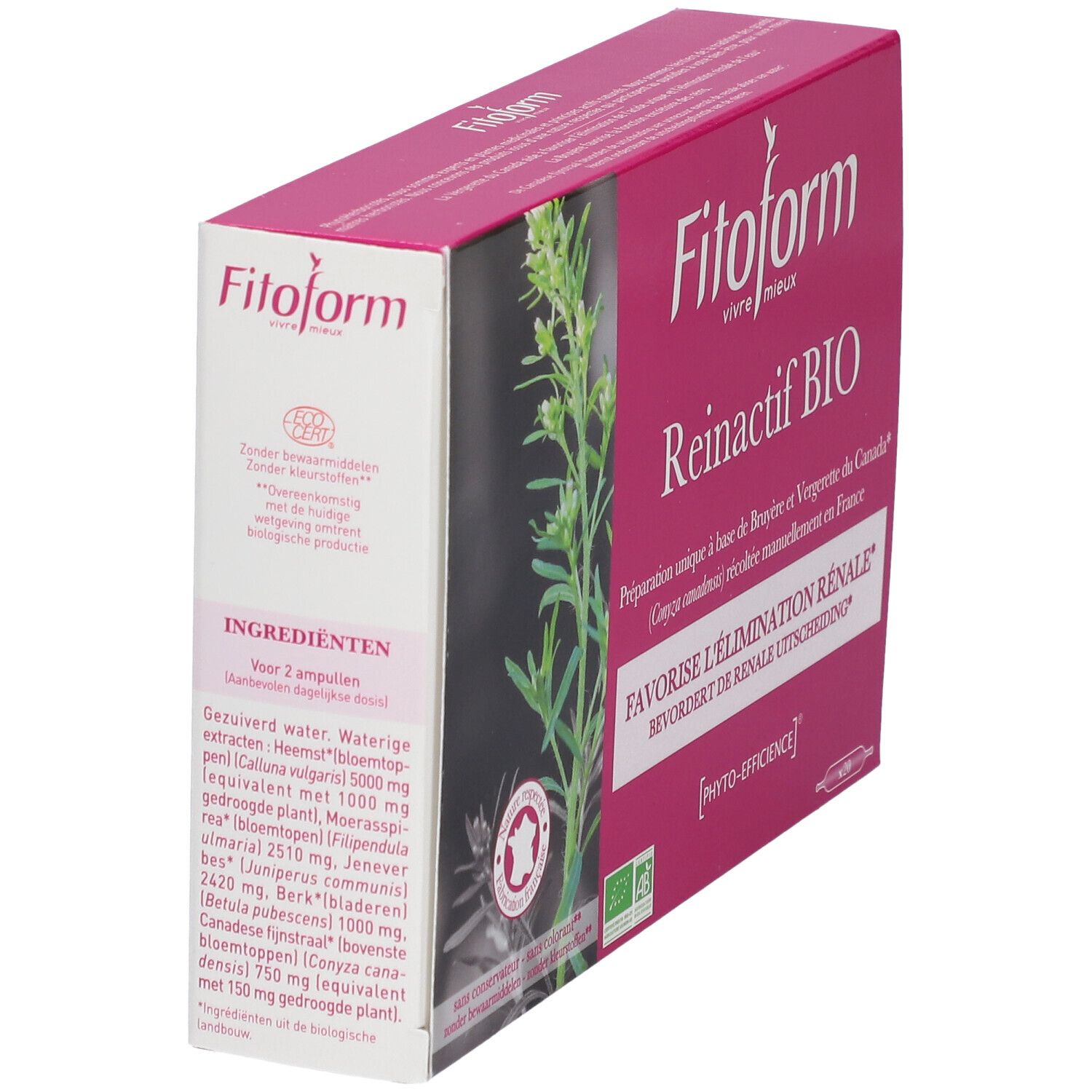 Boîte Fitoform Reinactif BIO. Emballage rose et blanc avec nom et logo du produit. Liste des ingrédients sur le côté. Avec label bio.