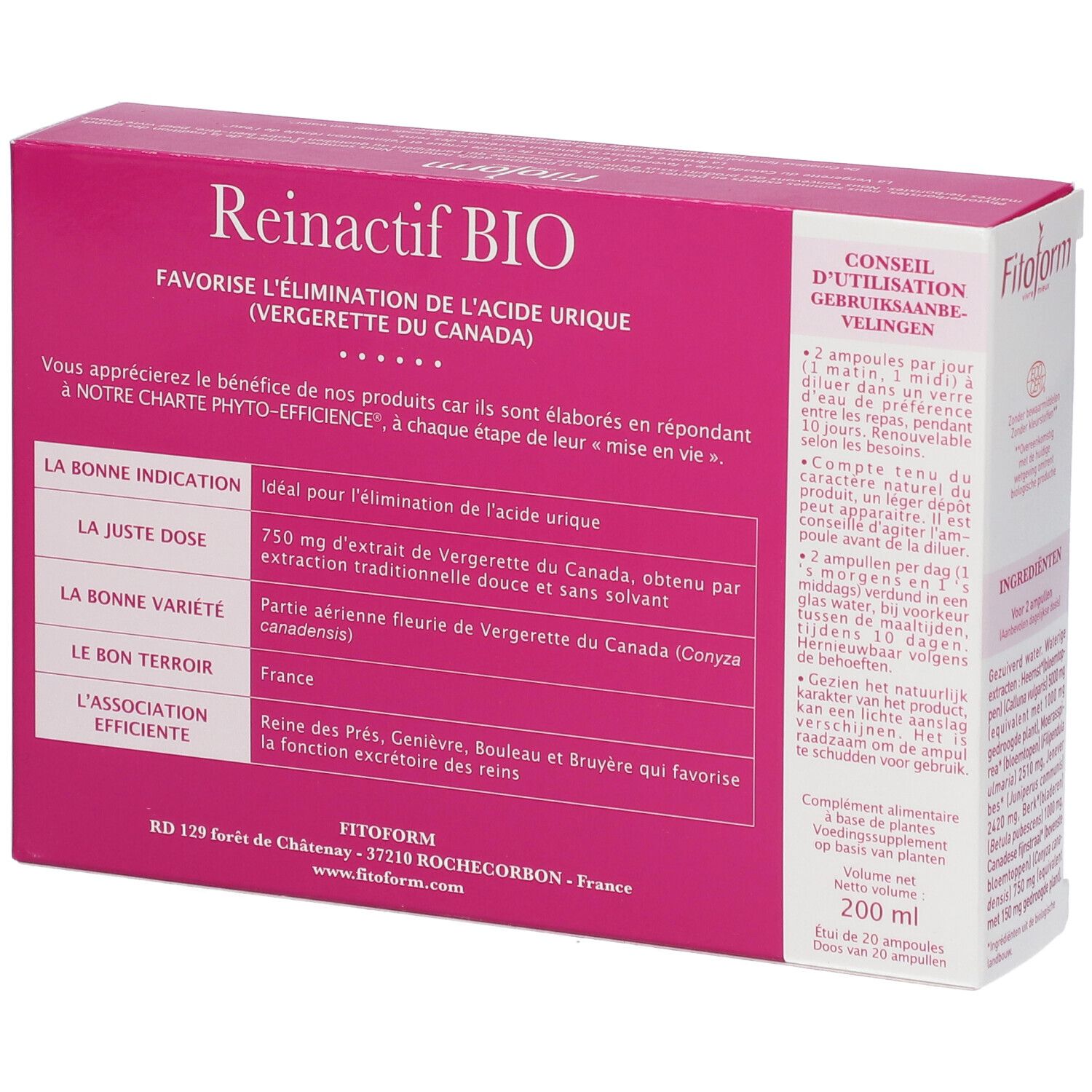Boîte Fitoform Reinactif BIO. Arrière de la boîte rose et blanche avec informations sur le produit. Avec label bio.