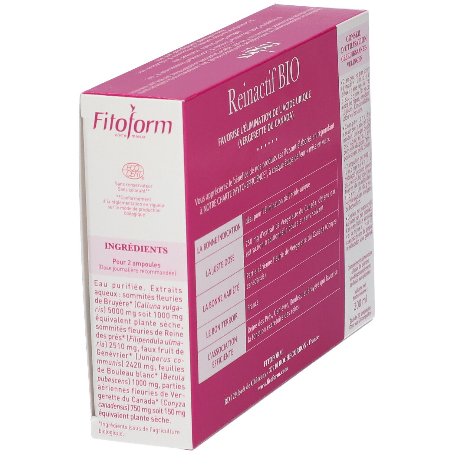 Boîte Fitoform Reinactif BIO. Boîte avec nom et logo du produit. Liste des ingrédients et label bio. Rose et blanc.