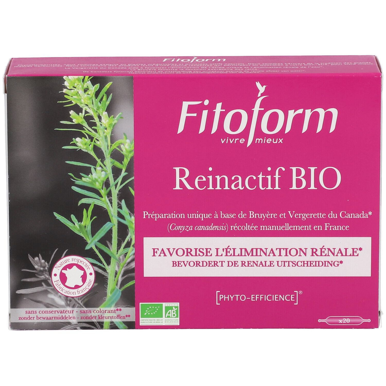 Boîte Fitoform Reinactif BIO. Emballage rose et blanc avec nom et logo du produit. Contient 20 ampoules. Avec label bio.