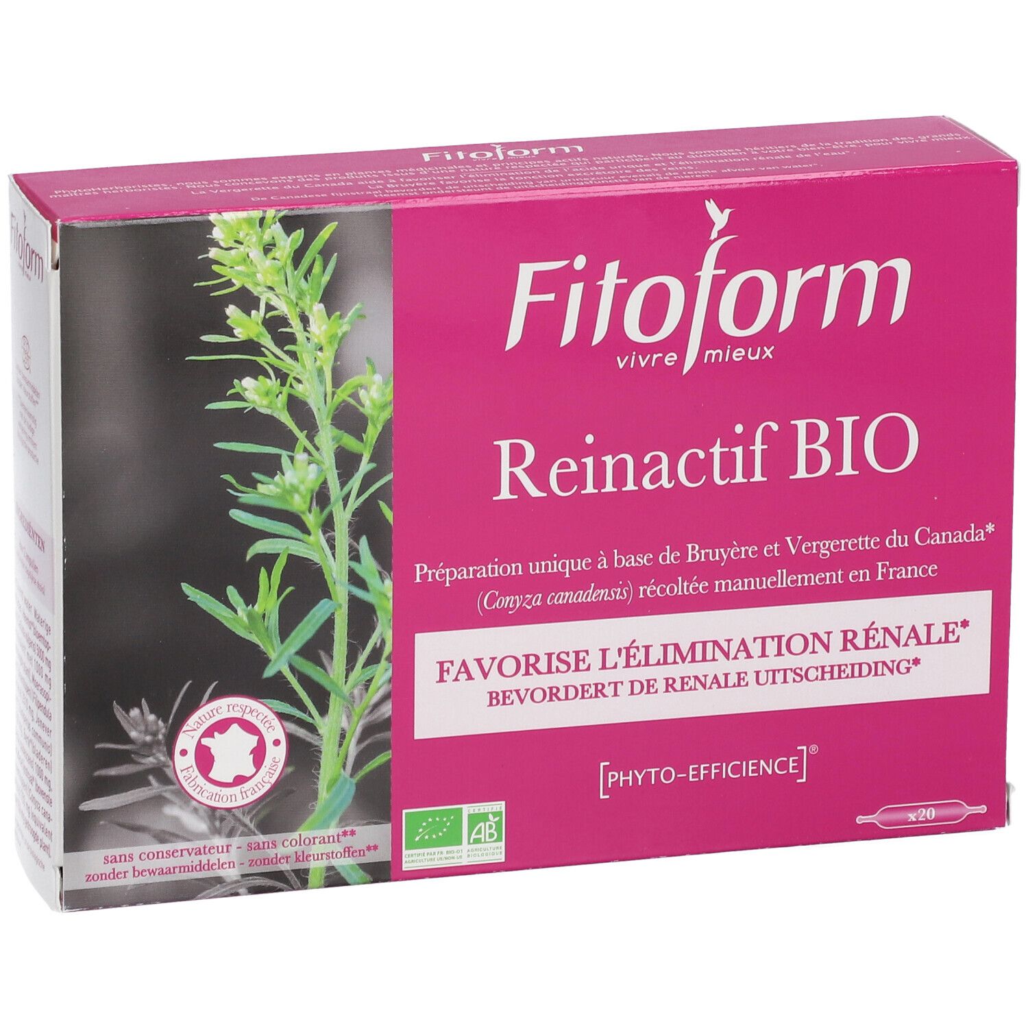 Boîte Fitoform Reinactif BIO. Emballage rose et blanc avec nom et logo du produit. Contient 20 ampoules. Avec label bio.