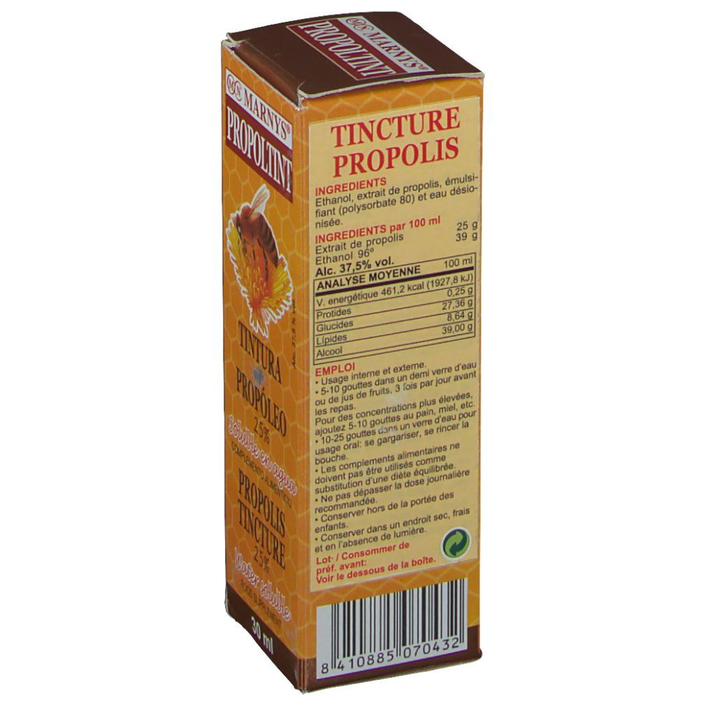 Achterkant van de kartonnen doos met ingrediënten en voedingswaarde-informatie. Tekst in het Spaans en Frans. 30 ml.