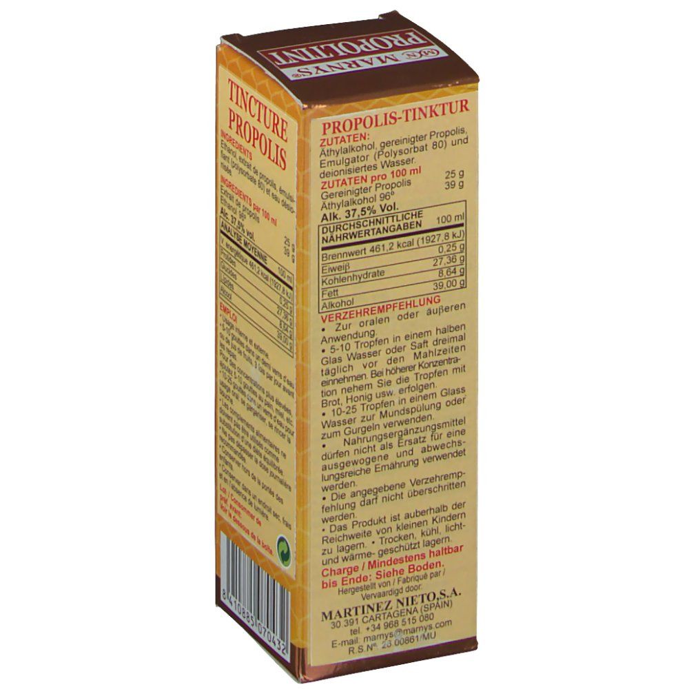 Zijaanzicht van de kartonnen doos met ingrediënten en voedingswaarde-informatie. Tekst in het Duits. 30 ml.