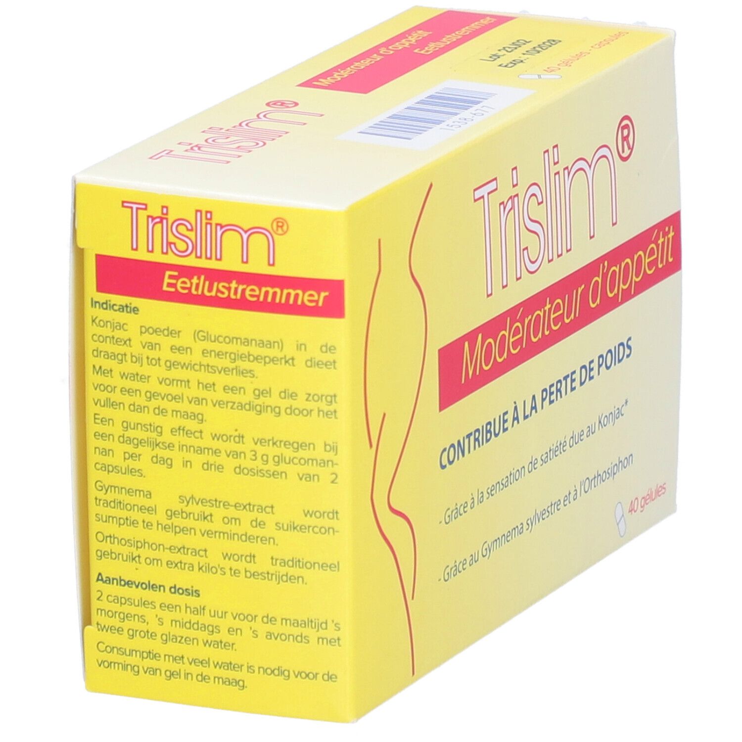 Boîte jaune "Trislim Eetlustremmer". Contient 40 capsules. Silhouette féminine. Texte en néerlandais. Inscription "Draagt bij tot gewichtsverlies".