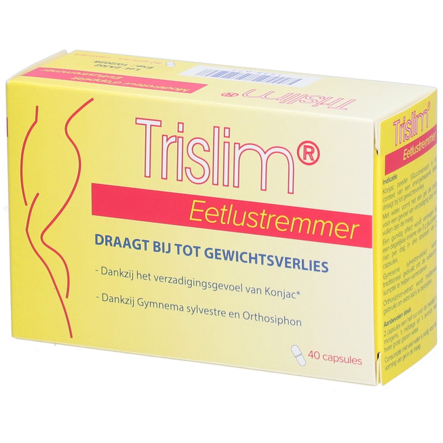Boîte jaune "Trislim Eetlustremmer". Contient 40 capsules. Silhouette féminine. Texte en néerlandais. Inscription "Draagt bij tot gewichtsverlies".