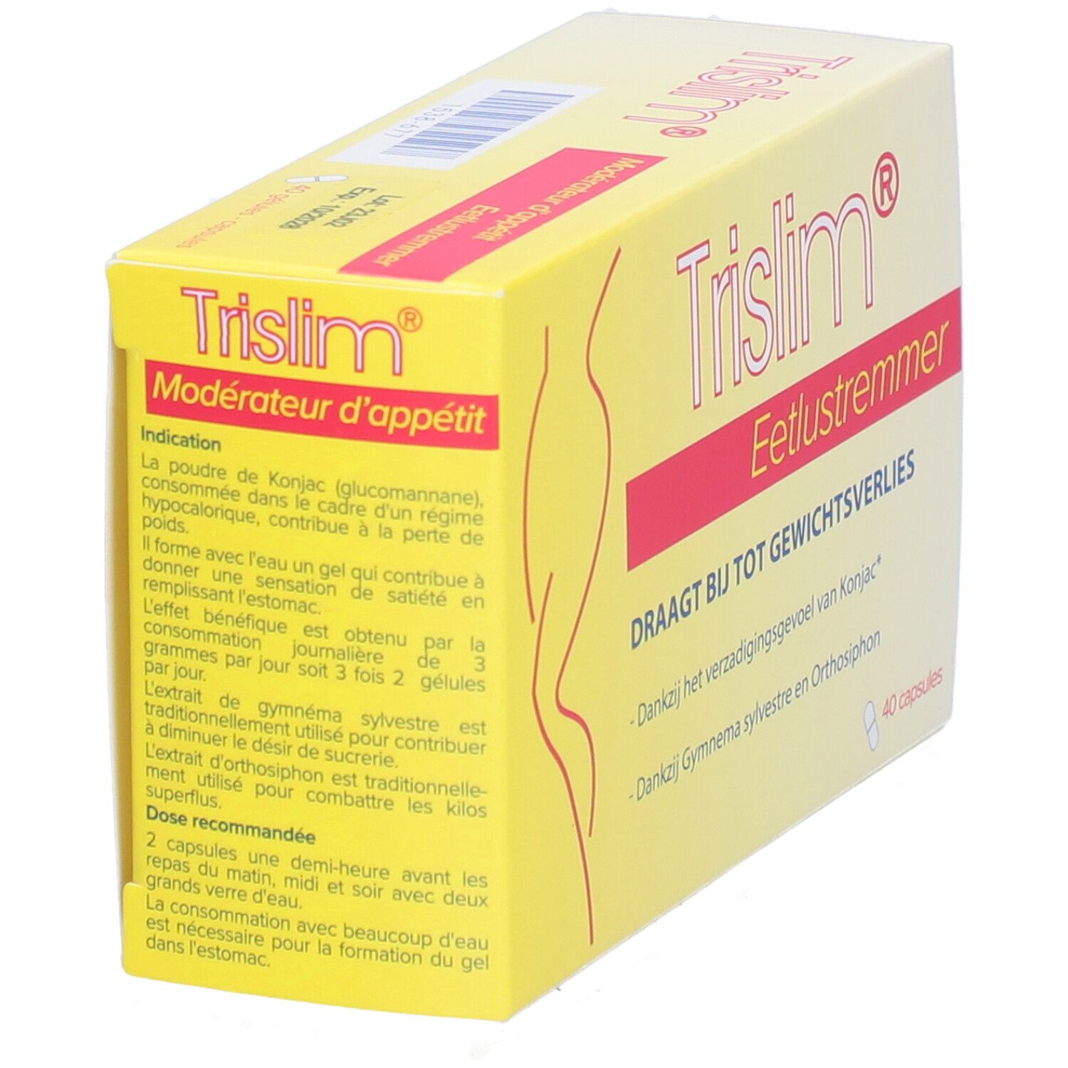 Boîte jaune "Trislim Modérateur d'appétit". Contient 40 capsules. Silhouette féminine. Texte en français. Inscription "Contribue à la perte de poids".