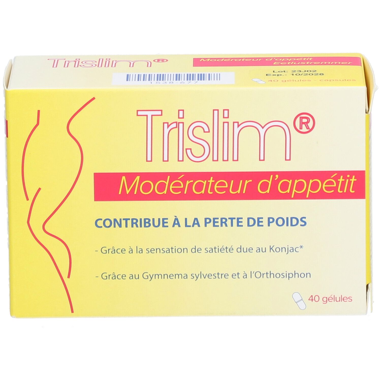Boîte jaune "Trislim Modérateur d'appétit". Contient 40 gélules. Silhouette féminine. Inscription "Contribue à la perte de poids".