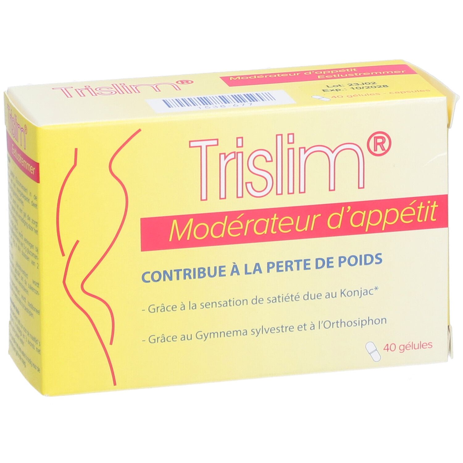 Boîte jaune avec bande rouge. Inscription Trislim®, Modérateur d'appétit. Contient 40 gélules. Texte en français.