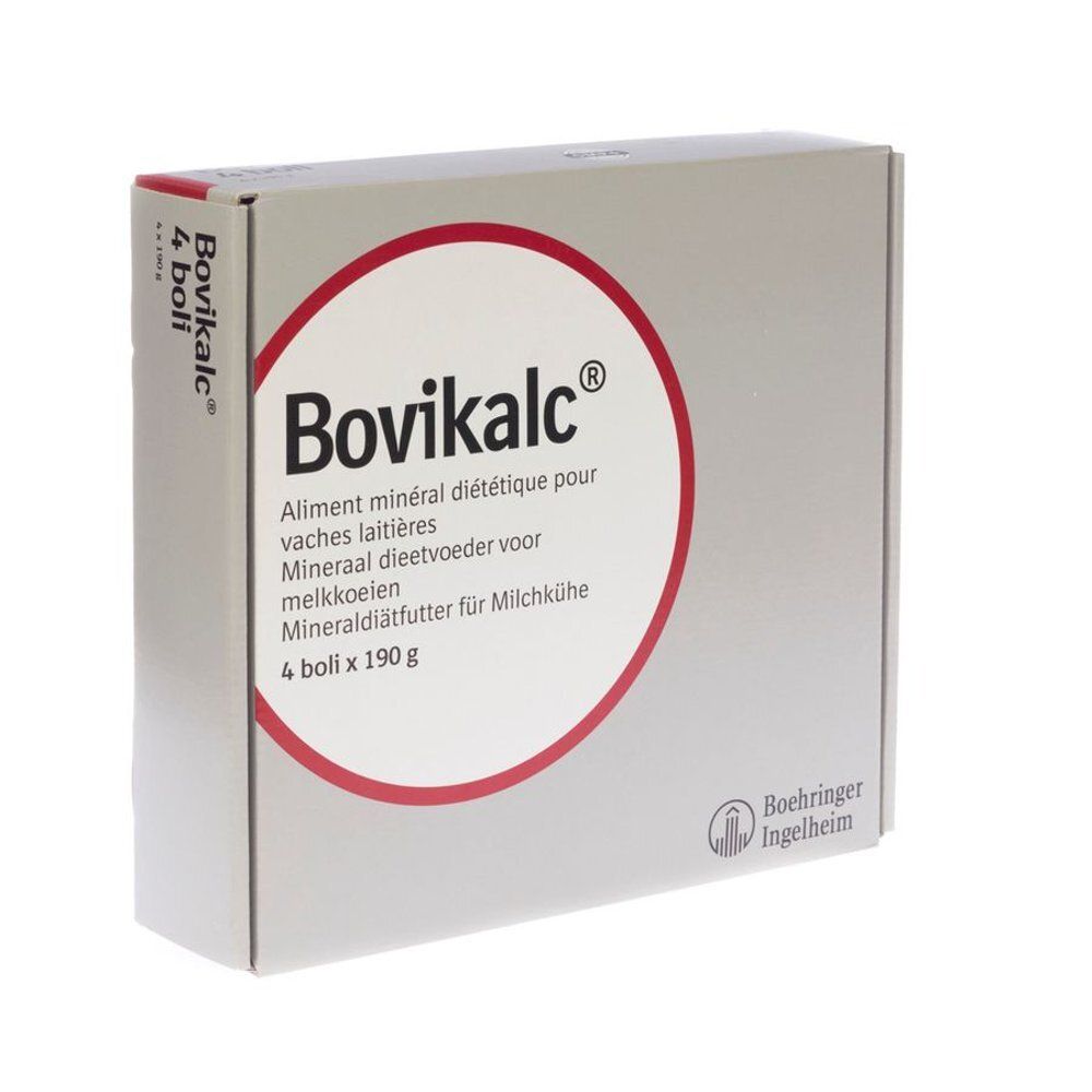 Doos van Bovikalc. Opschrift: Aliment minéral diététique pour vaches laitières. Bevat 4 bolussen. Merk Boehringer Ingelheim.