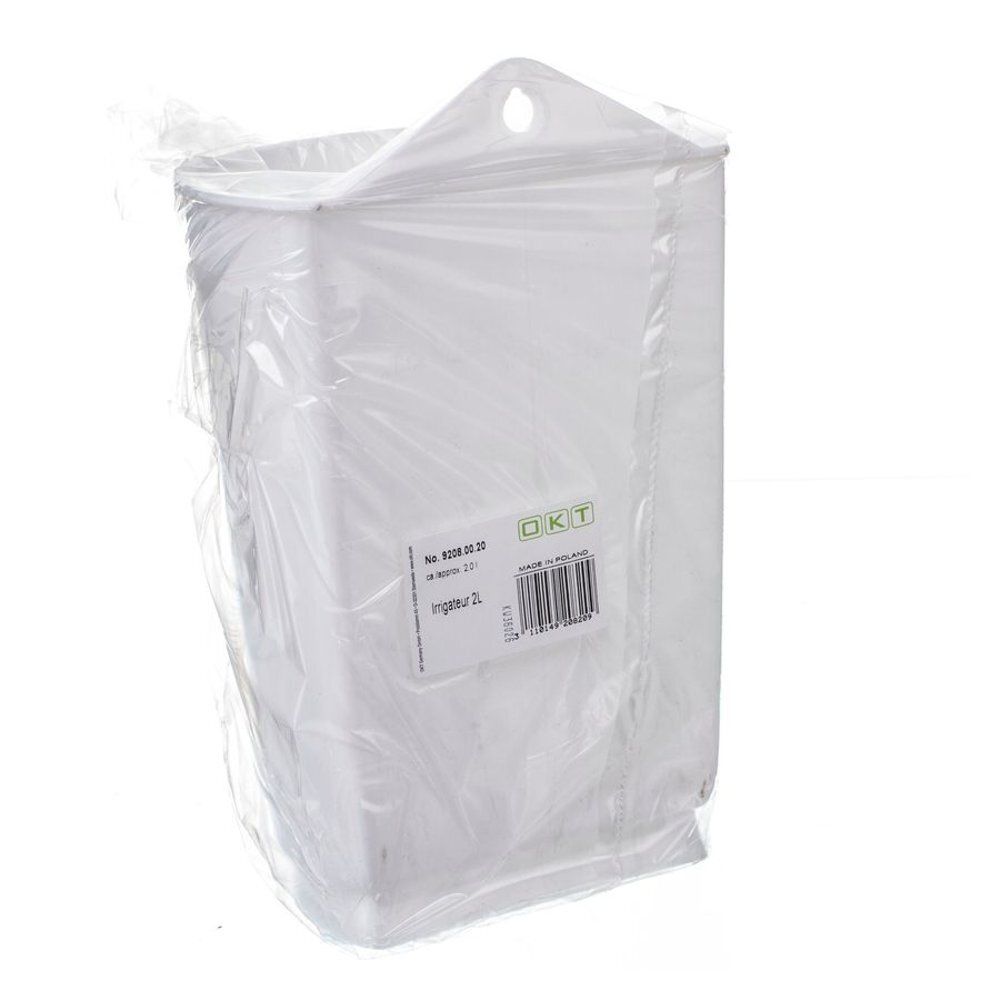 Récipient blanc dans un emballage plastique. Étiquette avec code-barres et texte. Marque OKT.