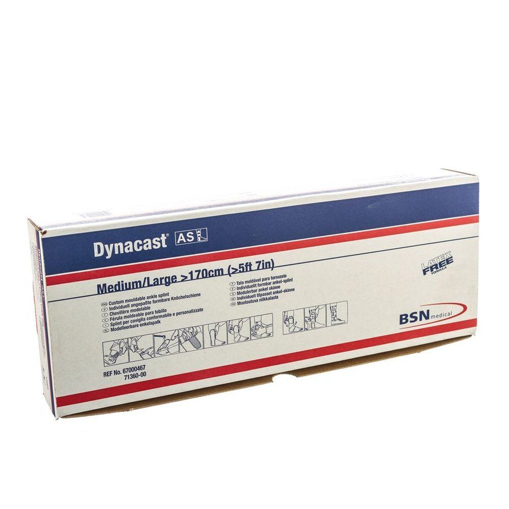 Boîte Dynacast AS M/L >170cm. Bandes bleues et rouges. Logo BSN medical. Informations produit et pictogrammes.