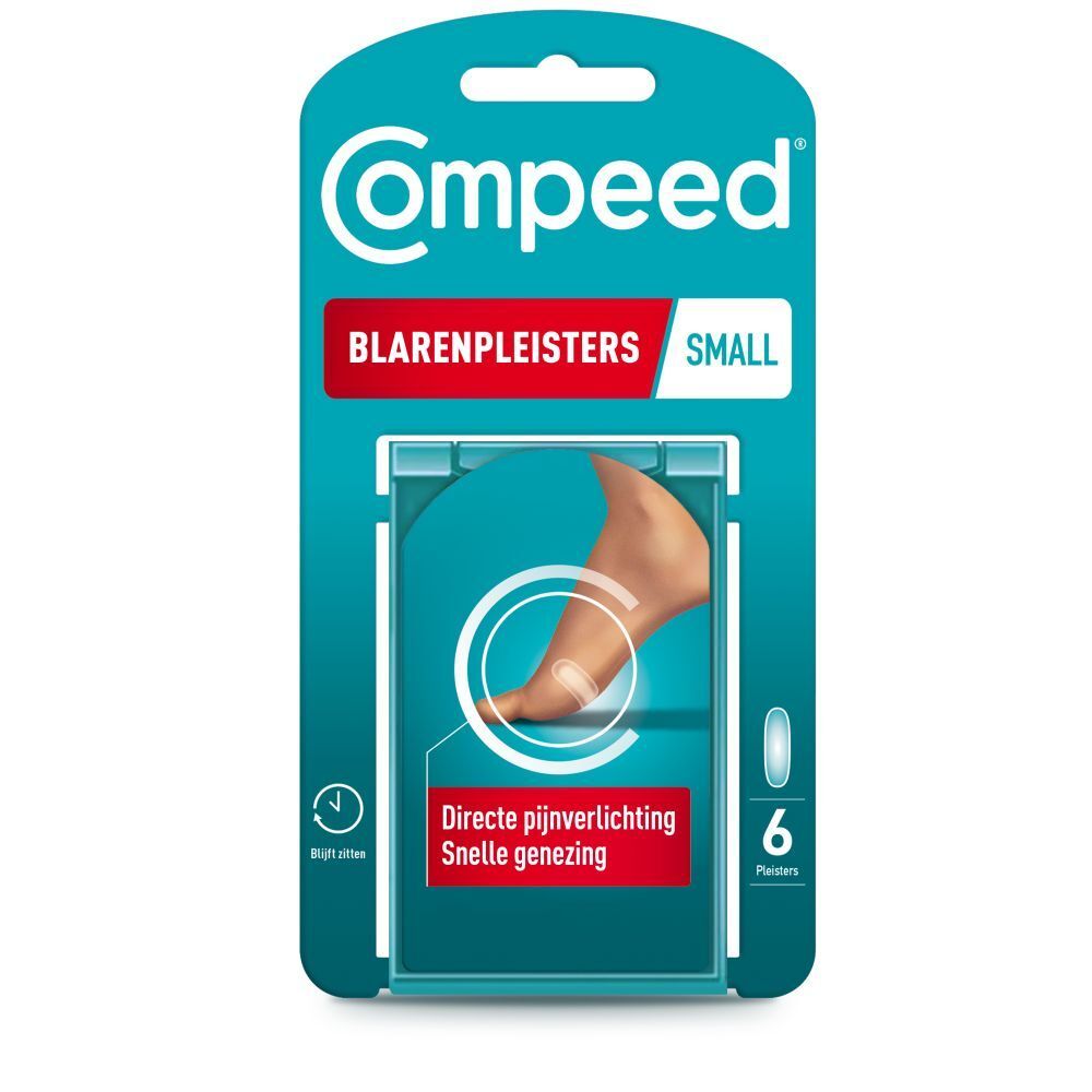 Compeed blarenpleisters small. Verpakking met 6 pleisters. Voet met blaar. Directe pijnverlichting.