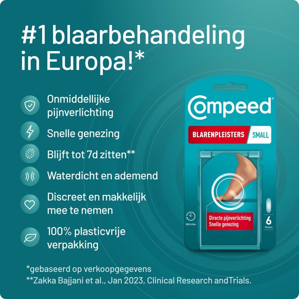Compeed blarenpleisters small. Verpakking met 6 pleisters. Losse pleisters ernaast. Voor blaren.