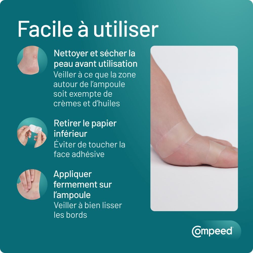 Compeed. Boîte ouverte avec pansement. Dimensions : 6 cm x 2 cm. Pour ampoules.