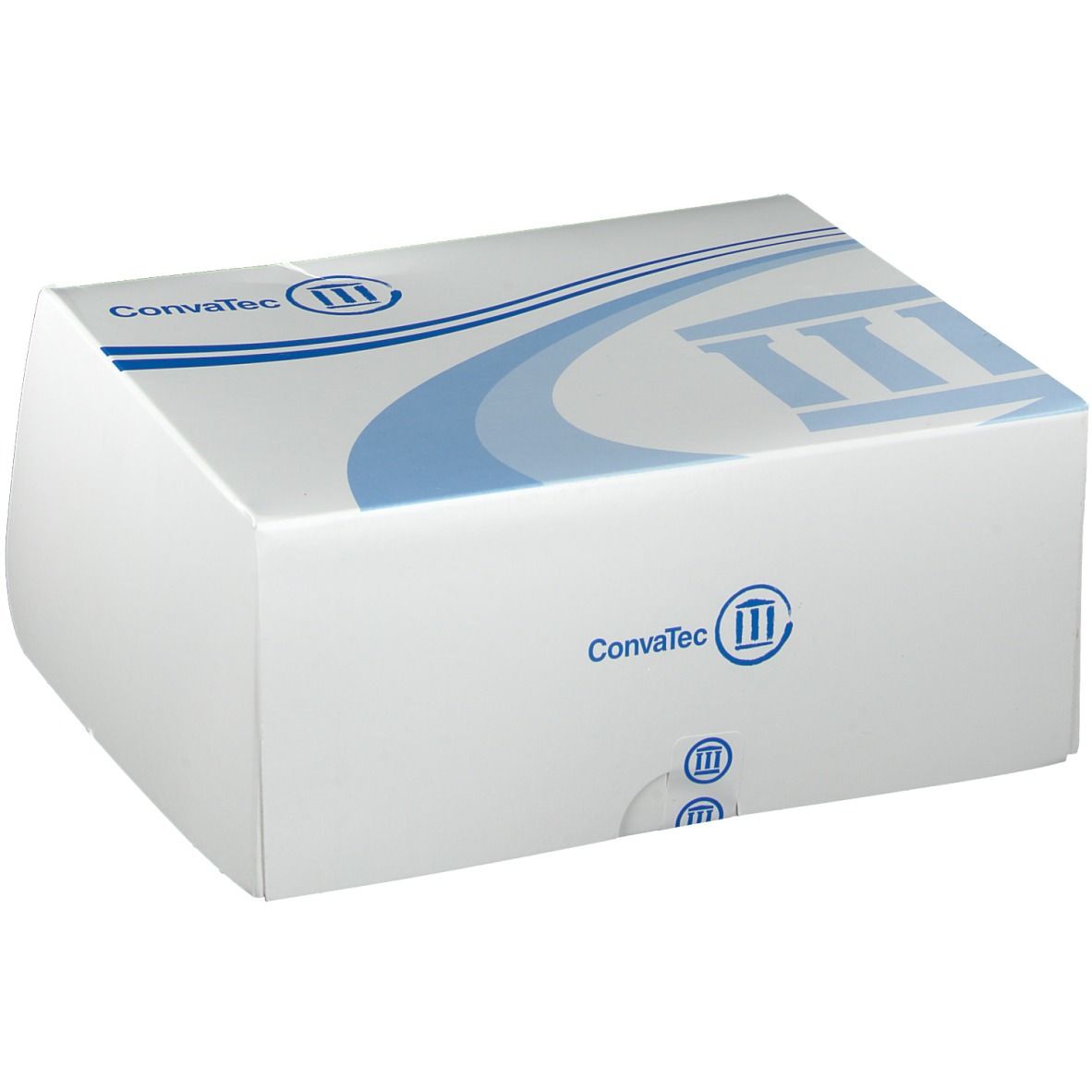 Witte verpakking met blauw logo en tekst Convatec. Rechthoekige vorm met afgeronde hoeken.