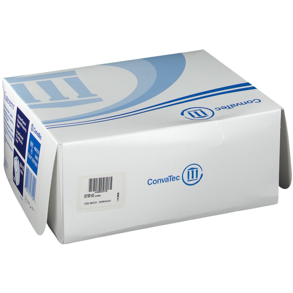 Witte verpakking met blauw logo en tekst Convatec. Barcode-etiket op de zijkant.
