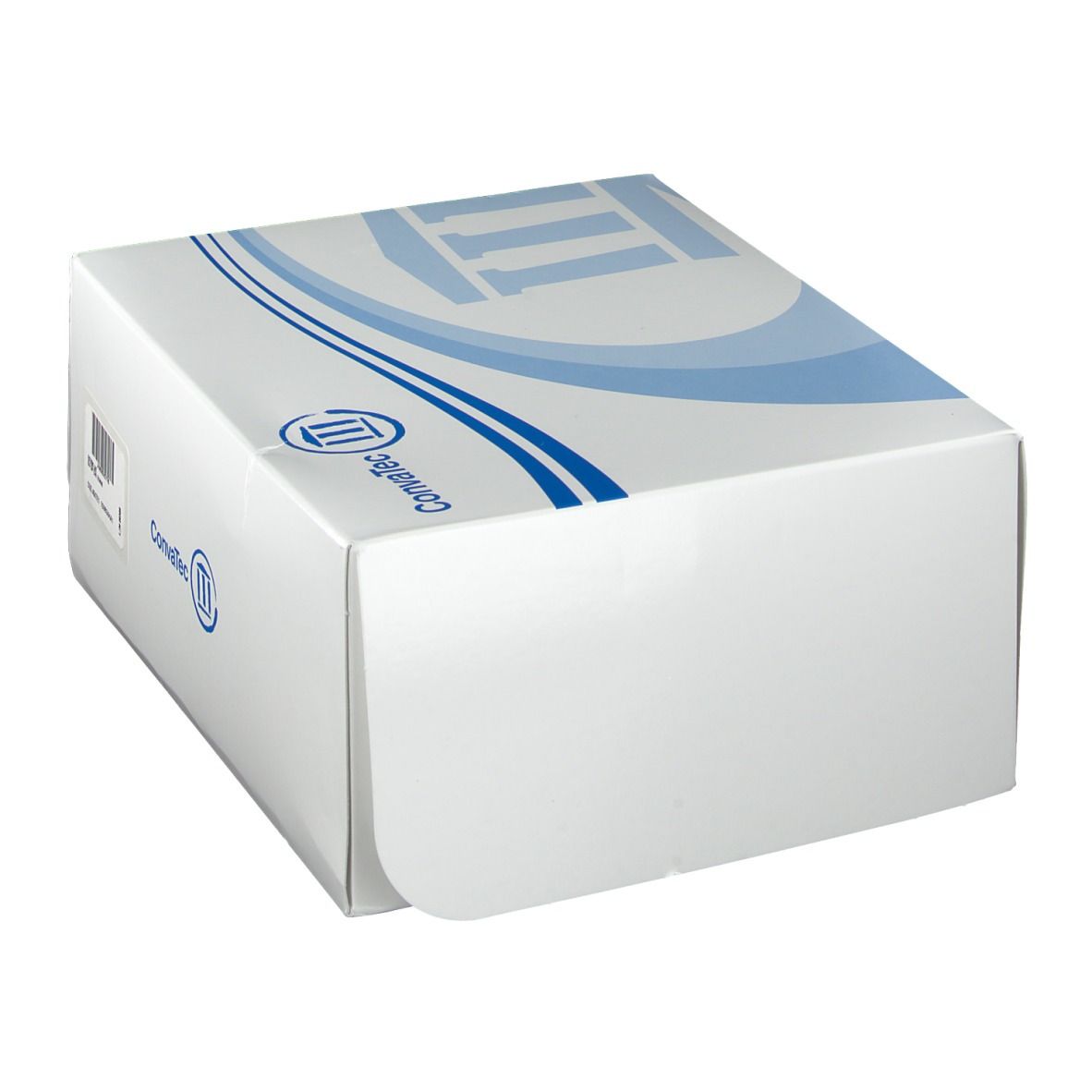 Witte verpakking met blauw logo Convatec. Rechthoekige vorm met afgeronde hoeken. Gedeeltelijk geopend.