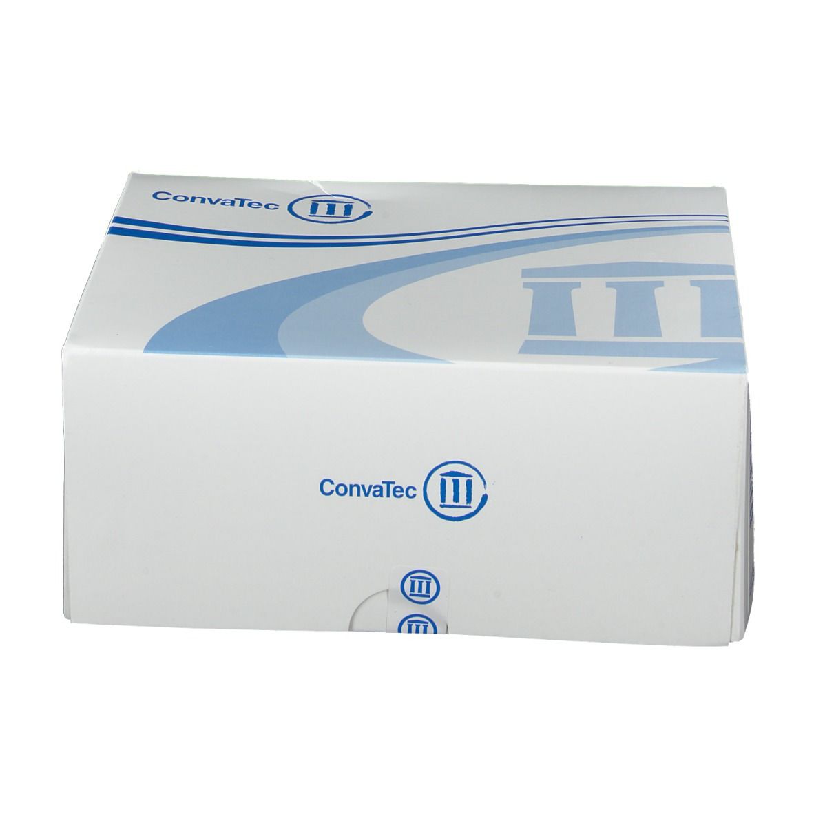 Witte verpakking met blauw logo en tekst Convatec. Rechthoekige vorm met afgeronde hoeken.