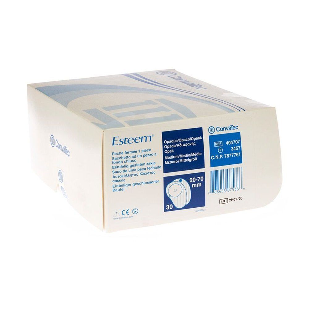 Verpakking Esteem. Opaque, Medium Beige, 20-70 mm. Bevat 30 stuks. Convatec logo en productinformatie.