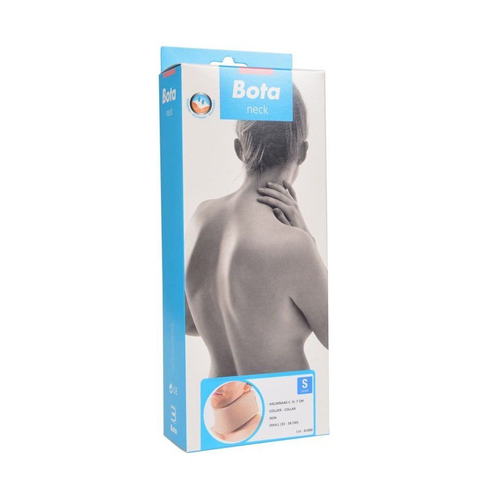 Bota nekbrace. Beige. Gedragen door een persoon. Close-up.