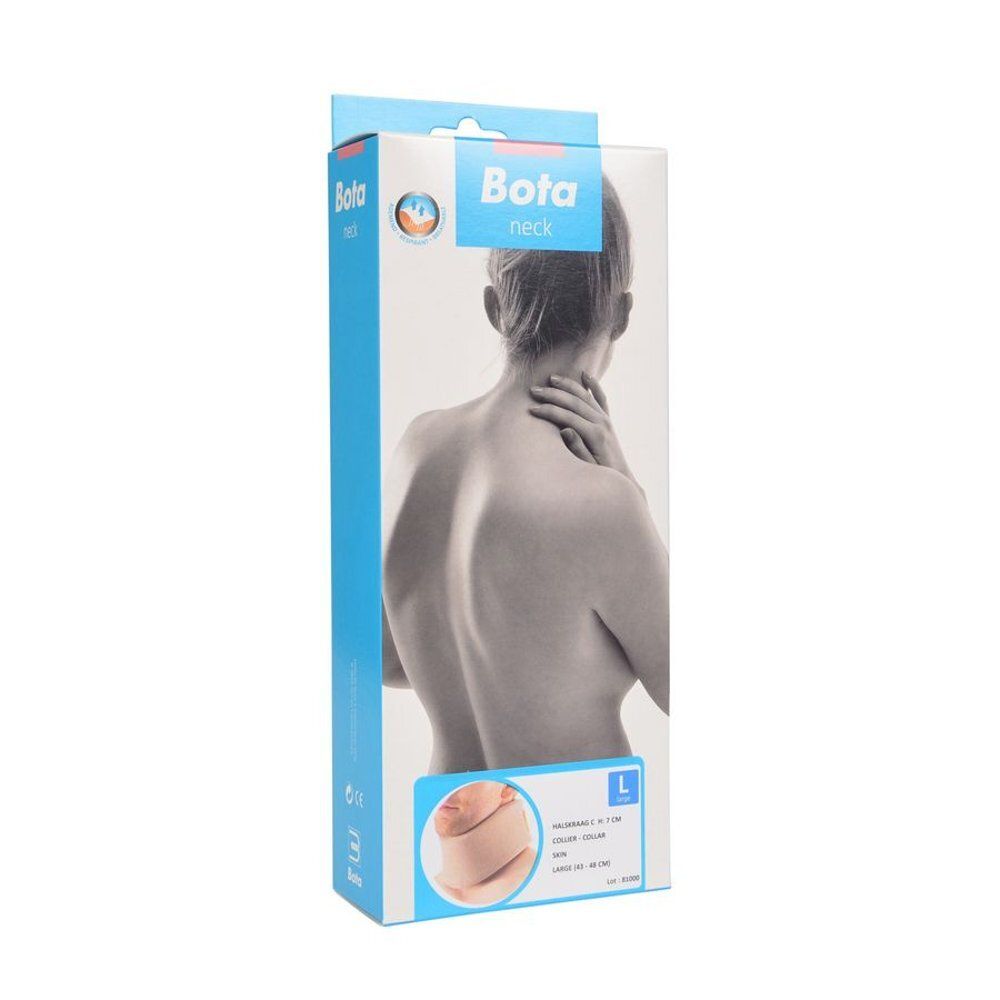 Verpakking van de nekkraag. BOTA neck. Achteraanzicht van een persoon. Maat L. Blauw en wit.
