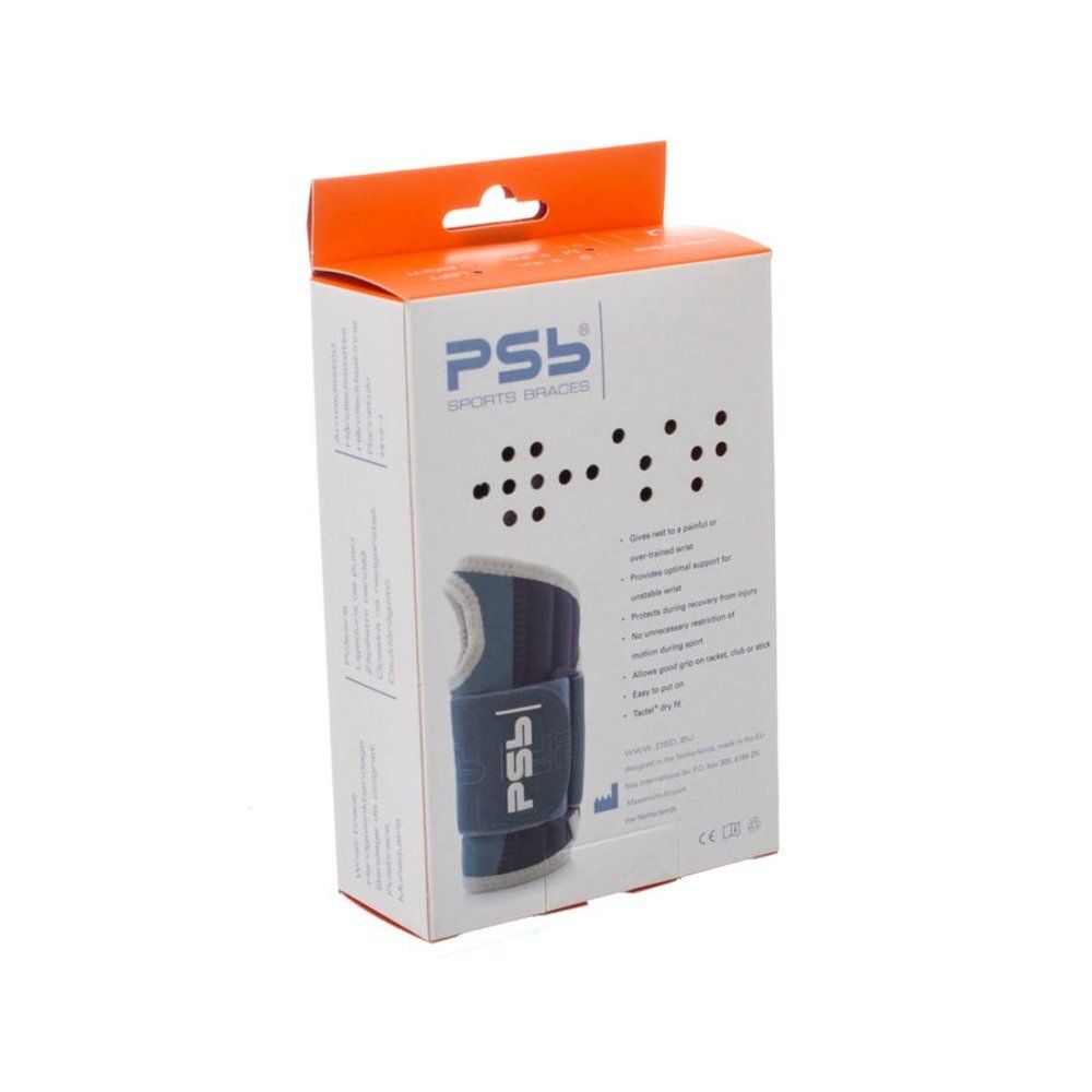 Boîte de support de poignet PSB Sports Braces. Carton blanc avec crochet orange. Support de poignet bleu visible.