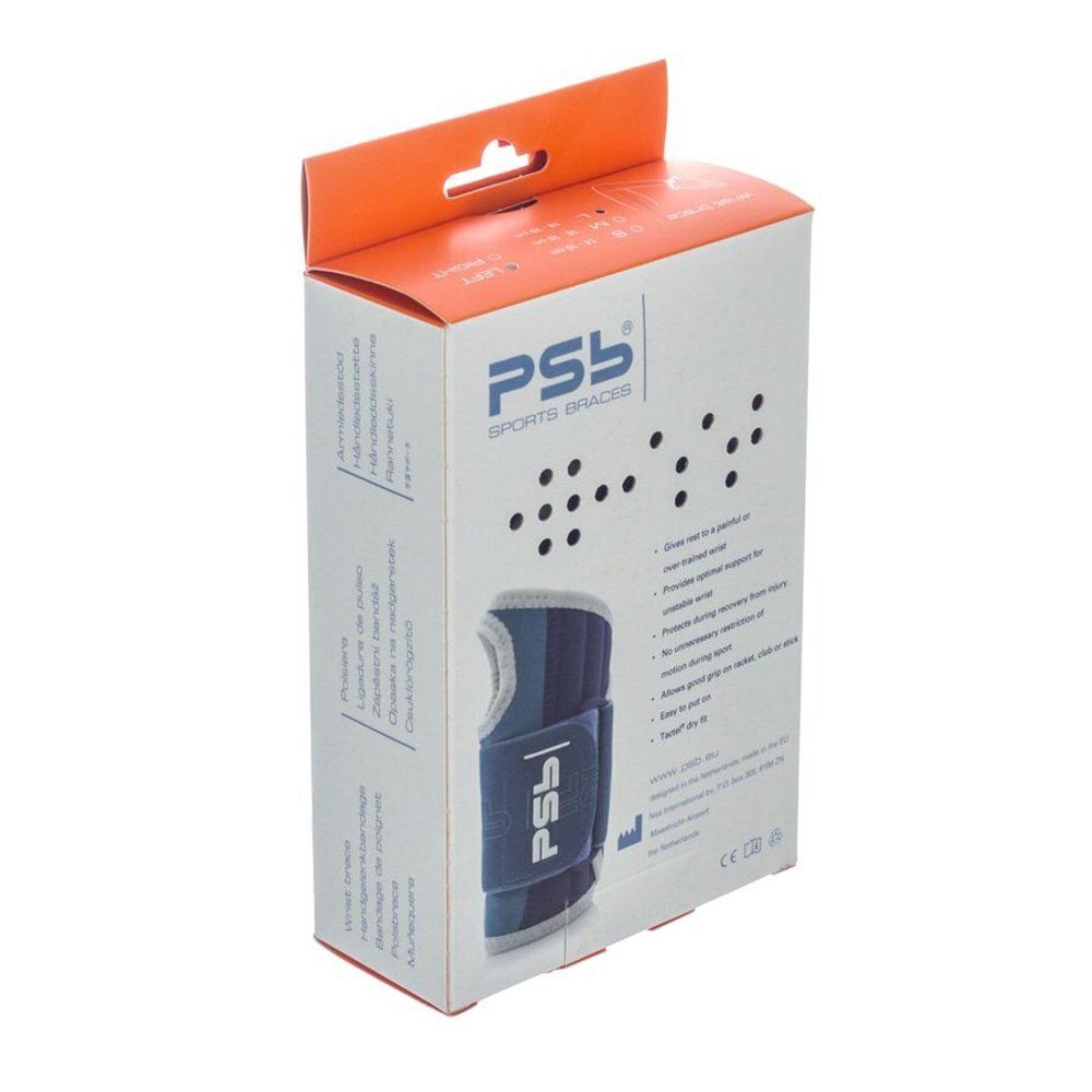 Verpakking van Push Sport polsbrace. Merk PSB Sports Braces. Wit-oranje doos met productafbeelding en tekst.