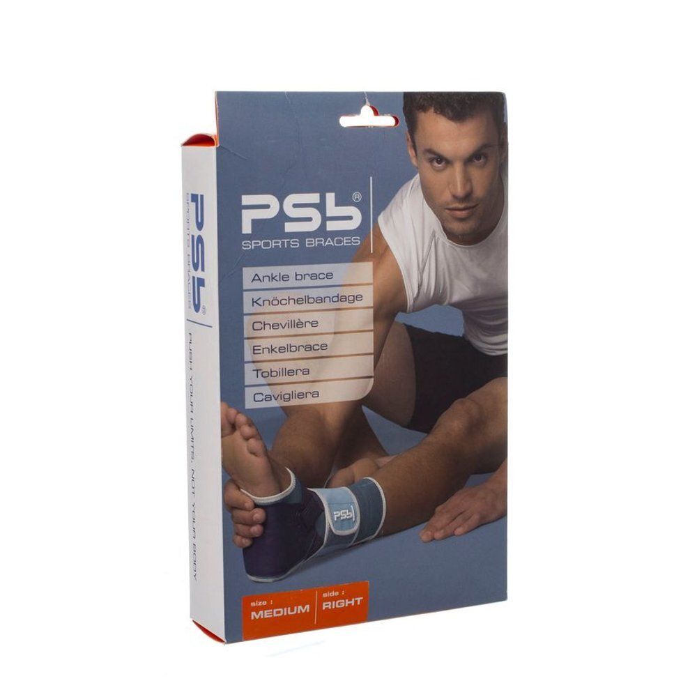 Verpakking met enkelbrace. Opschrift: PSB SPORTS BRACES, Ankle brace, Medium, Right. Afgebeeld: man met brace om de enkel.