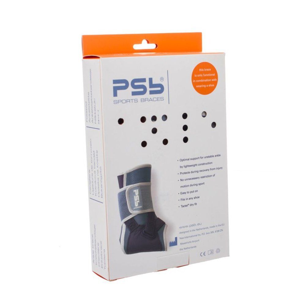 Verpakking PSB Sport Ankle Brace. Witte doos met productafbeelding en tekst. Oranje ophanghaak.