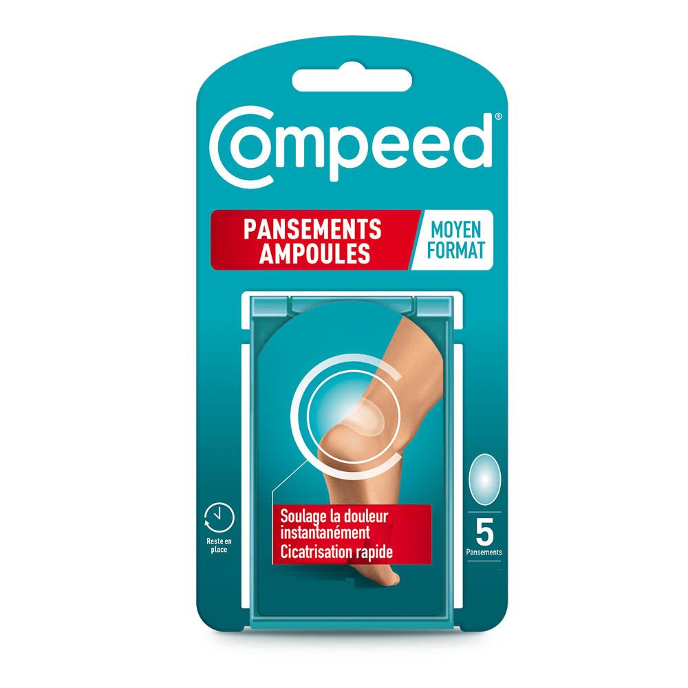 Compeed® Blasenpflaster Medium. Emballage avec 5 pansements. Vue avant de l'emballage.