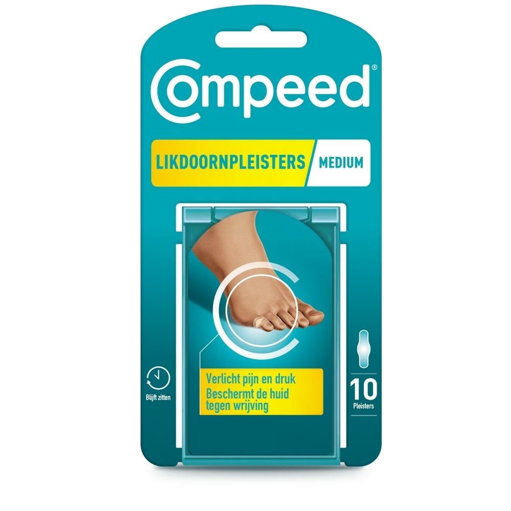 Compeed® Likdoornpleisters Medium. Verpakking met productafbeelding en voet. 10 pleisters.