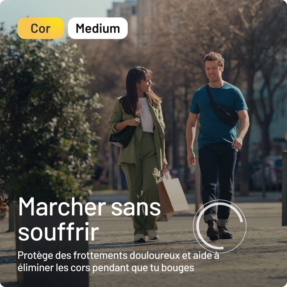 Dos de l'emballage Compeed® Pansements cors Medium. Informations et instructions.