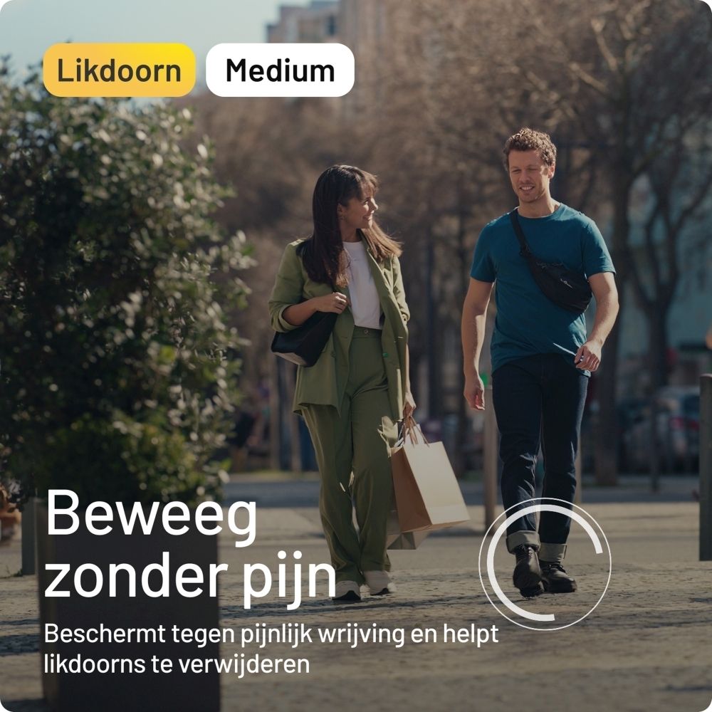 Achterkant van de Compeed® Likdoornpleisters Medium verpakking. Informatie en instructies.