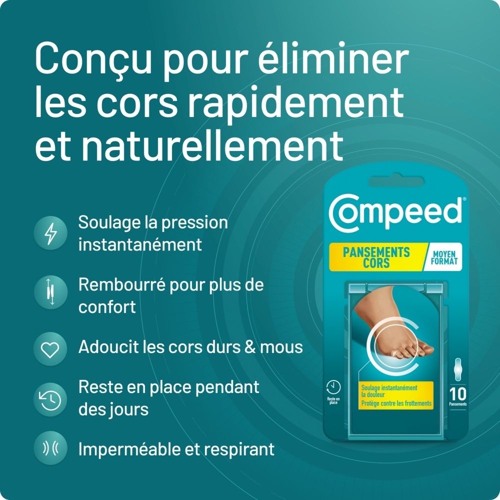 Compeed® Pansements cors Medium. Emballage avec produit et pansements. 10 pièces.
