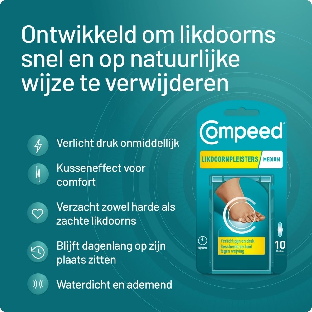 Compeed® Likdoornpleisters Medium. Verpakking met product en pleisters. 10 stuks.