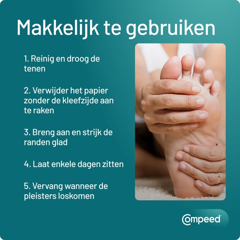 Compeed® Likdoornpleisters Medium. Open verpakking met pleisters. Afmetingen: 6x1,75 cm.