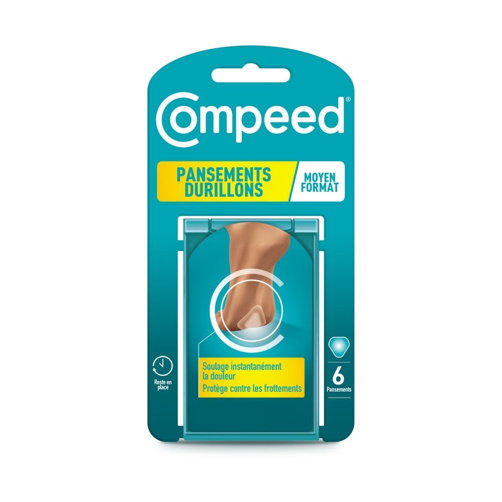 Emballage de pansements Compeed pour cors. Contient 6 pansements. Un pied est illustré sur l'emballage.