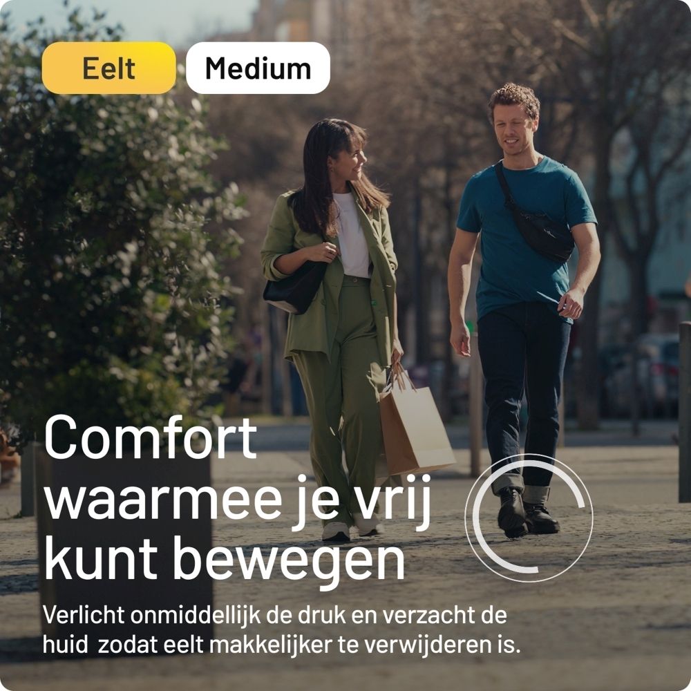 Mensen lopen op straat. Tekst: Comfort waarmee je vrij kunt bewegen. Verlicht druk en verzacht de huid.