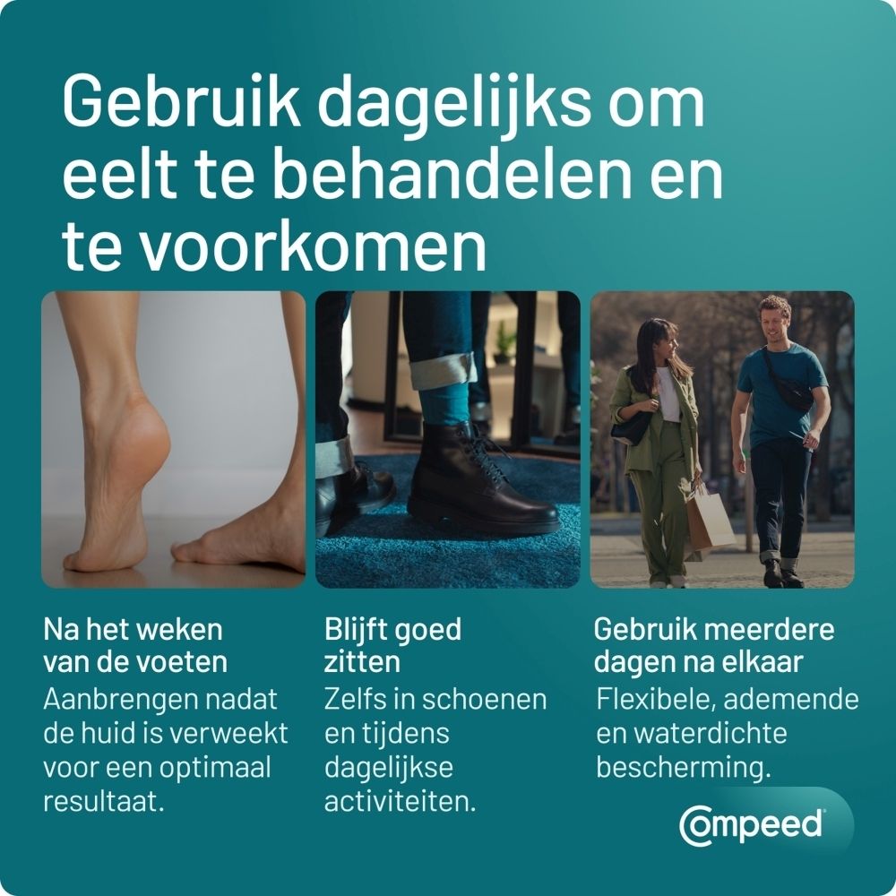 Close-up van een voet met eelt. Tekst: Hydrocolloïd technologie die van binnenuit werkt.