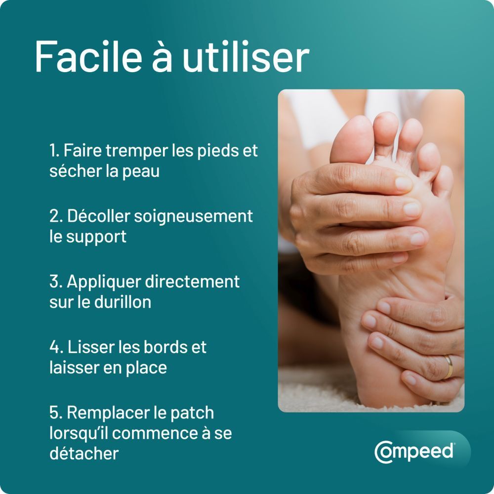 Emballage ouvert avec pansements Compeed. Montre les pansements et les dimensions : 4,5 cm x 4,4 cm.
