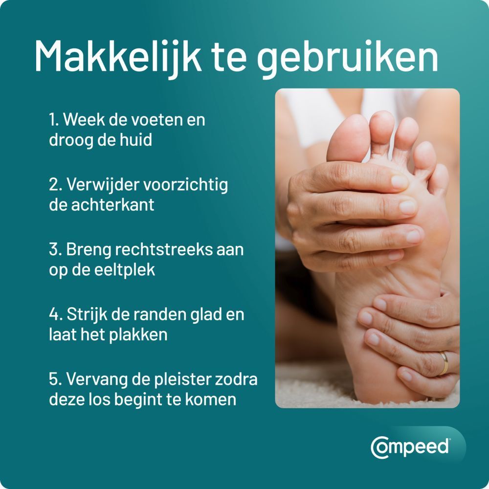 Open verpakking met Compeed pleisters. Toont pleisters en afmetingen: 4,5 cm x 4,4 cm.
