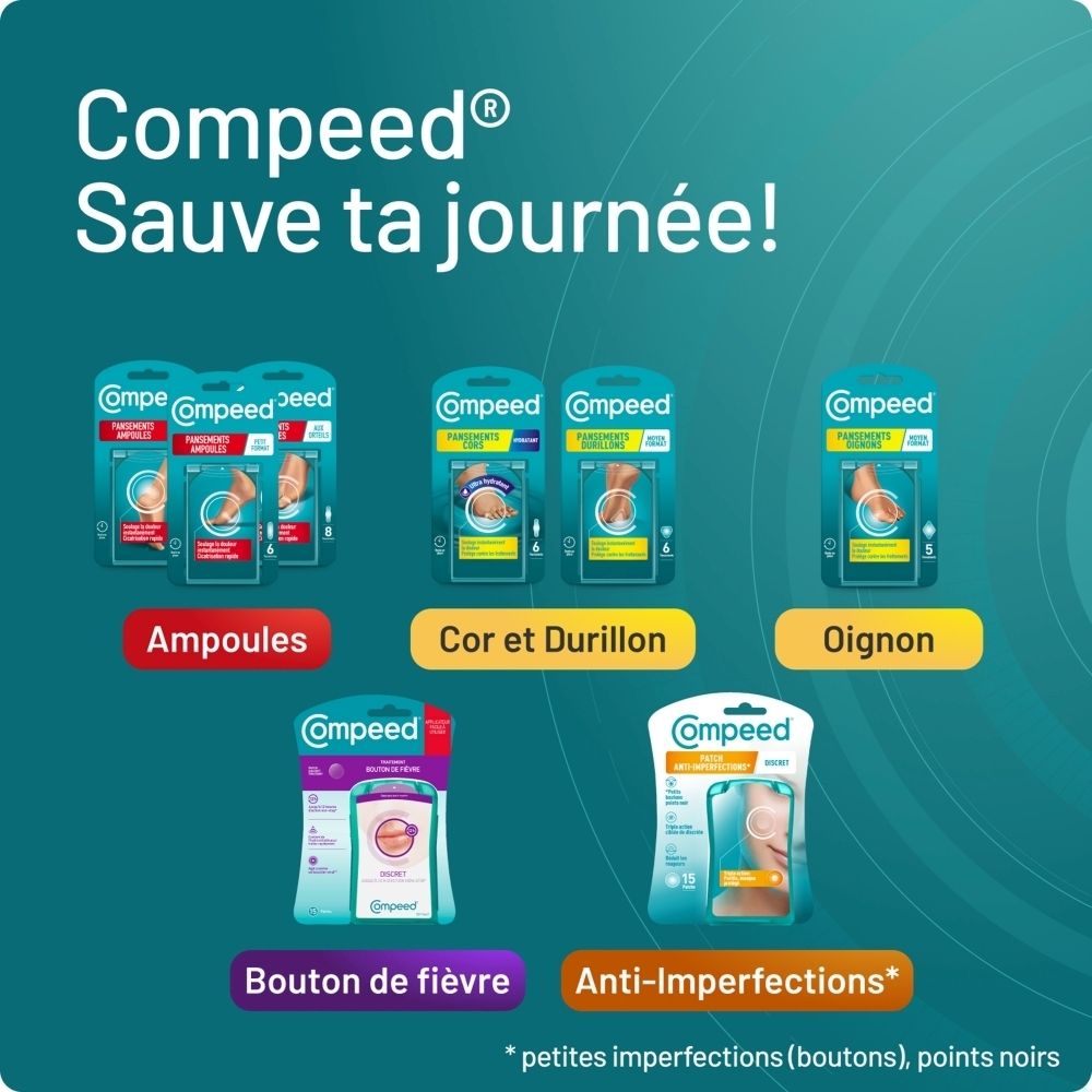 Compeed pansements durillons, format moyen. Boîte de 6. Illustration d'un pied. Soulage la douleur instantanément.