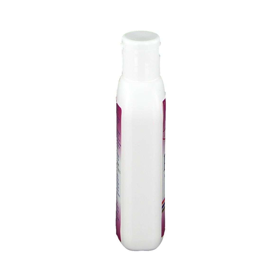 Witte fles met klapdeksel. Etiket met tekst in verschillende talen. Productnaam niet zichtbaar.