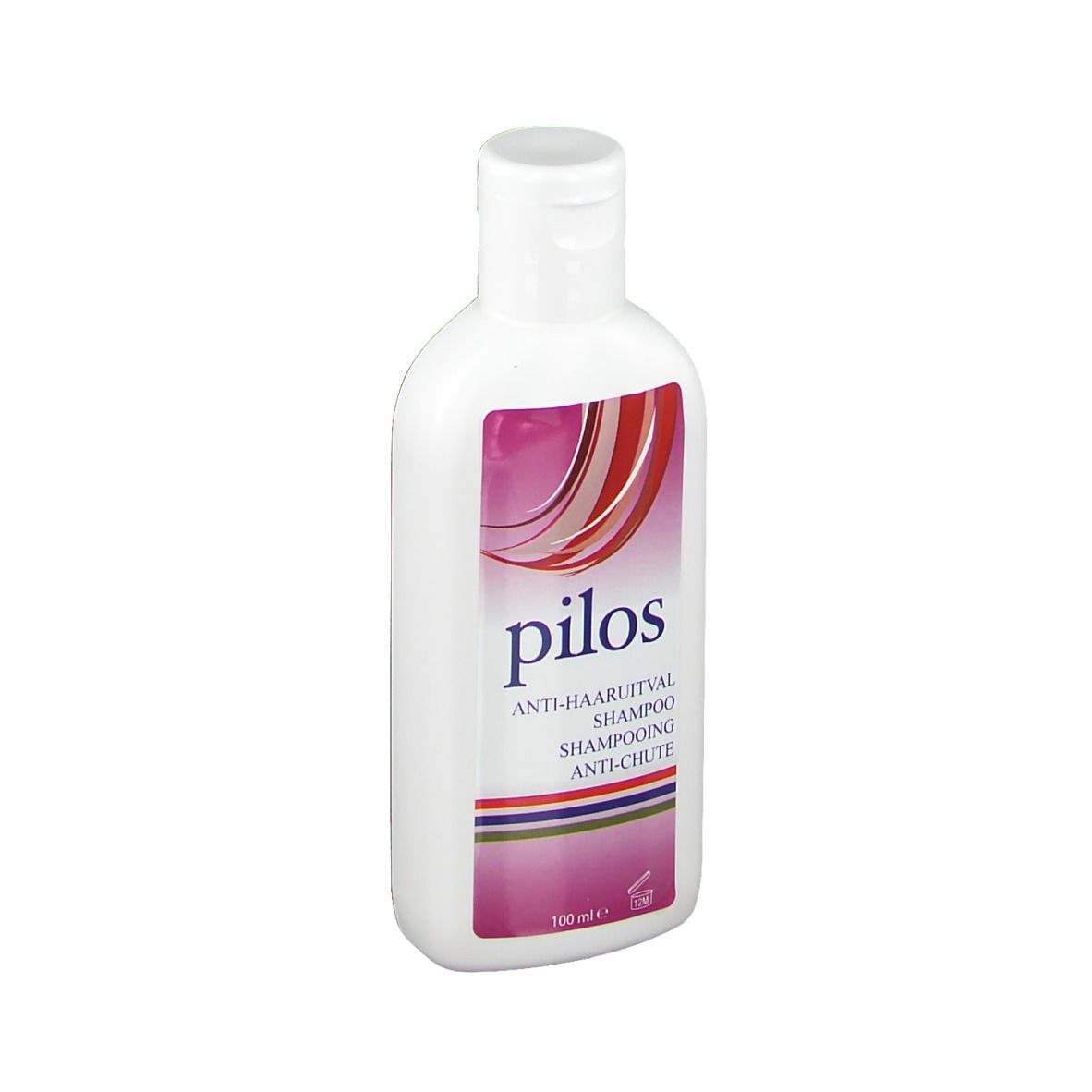Witte fles met klapdeksel. Roze etiket met rood en wit design. Productnaam: pilos.