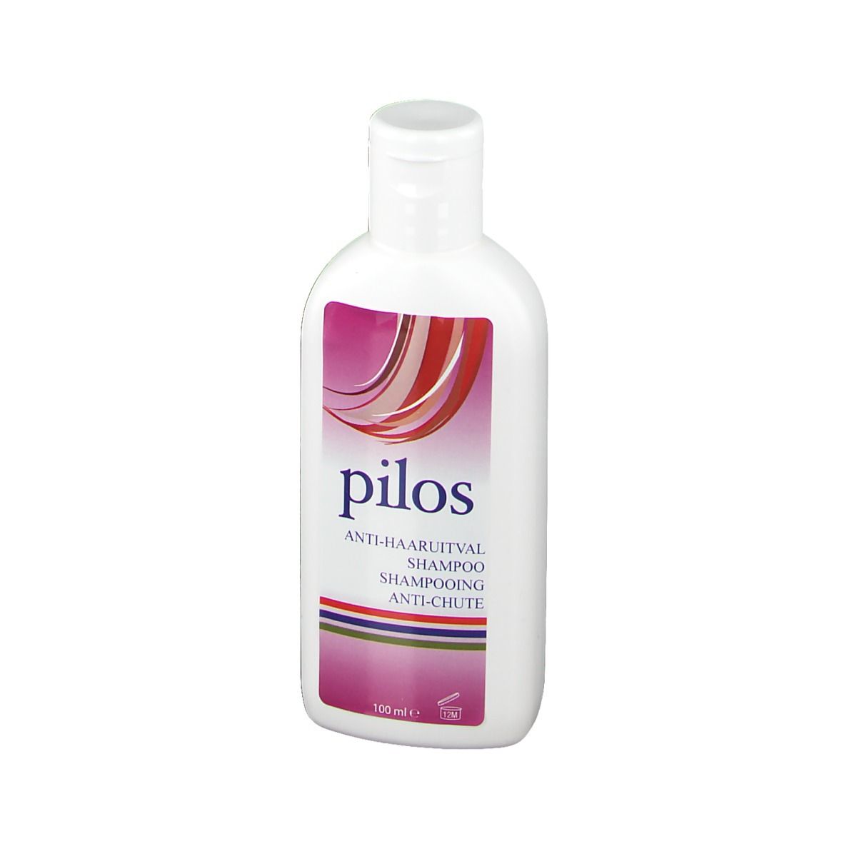Witte fles met klapdeksel. Roze etiket met rood en wit design. Productnaam: pilos.